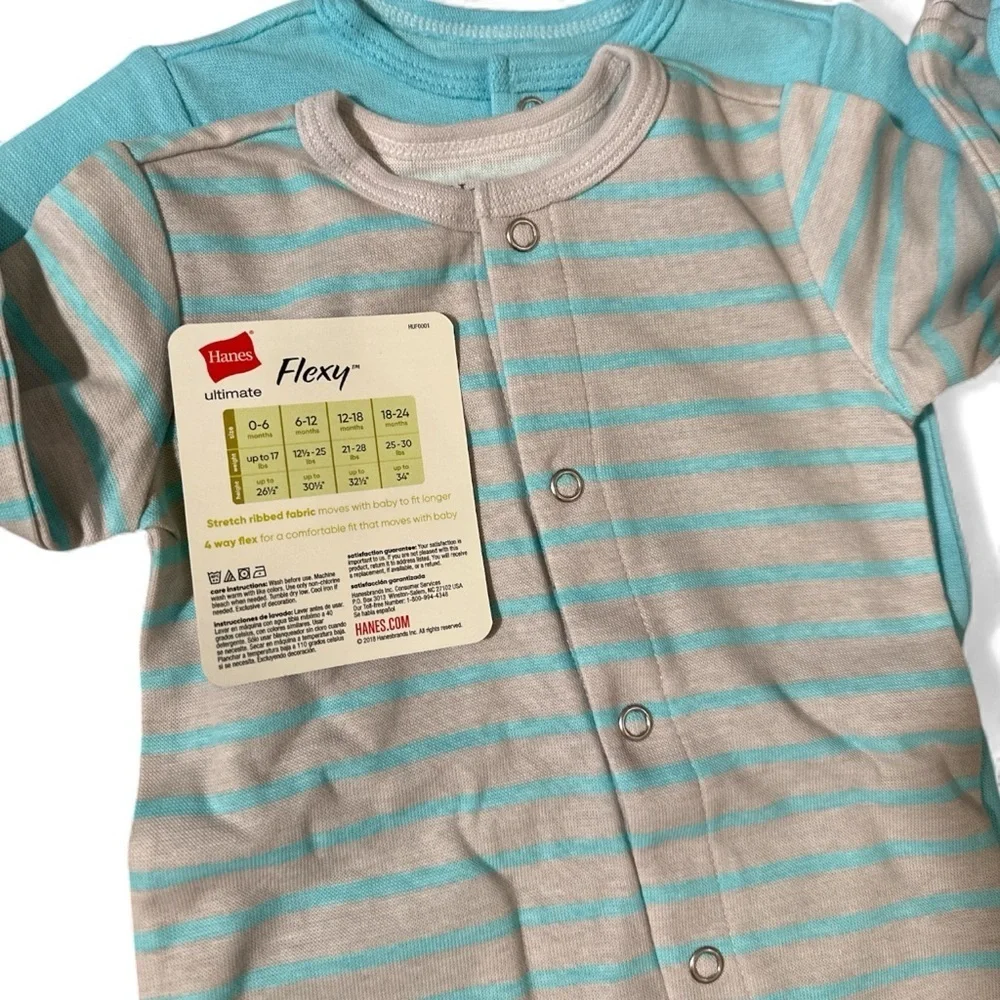 Hanes Baby Flexy 2-Pack Long Sleeve Rompers – Size 0–6M – Blue & Gray Stripe
